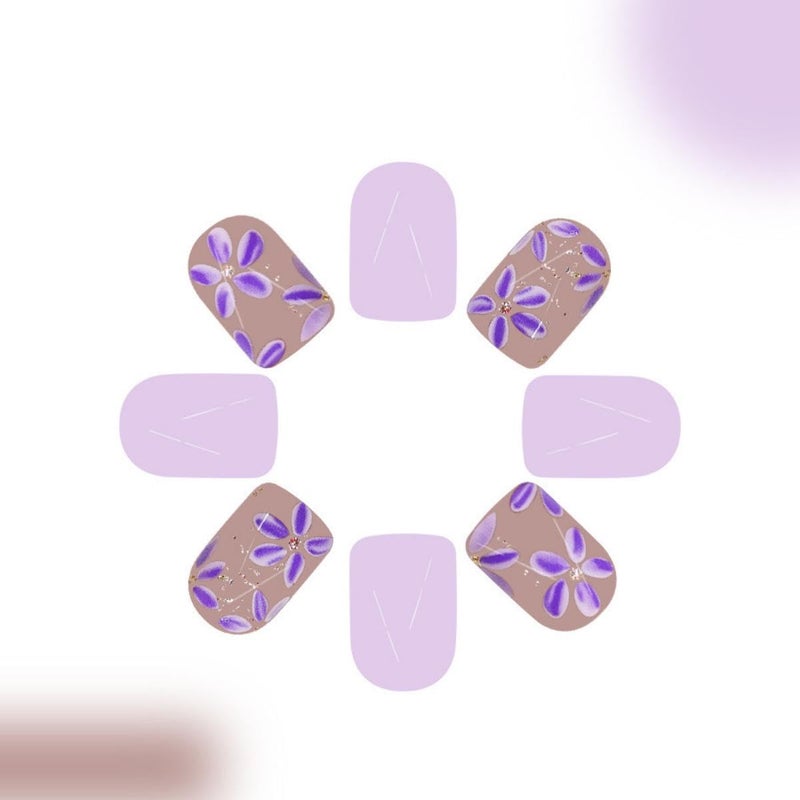 Sevgob Purple Press on Nails Short Square Fake Nails with Lilac Flower Design Floral Glue on Nail Glossy Glitter Spring Nails Reusable Summer False Nail for Women Daily Wear Manicure 24pcs - Image 3